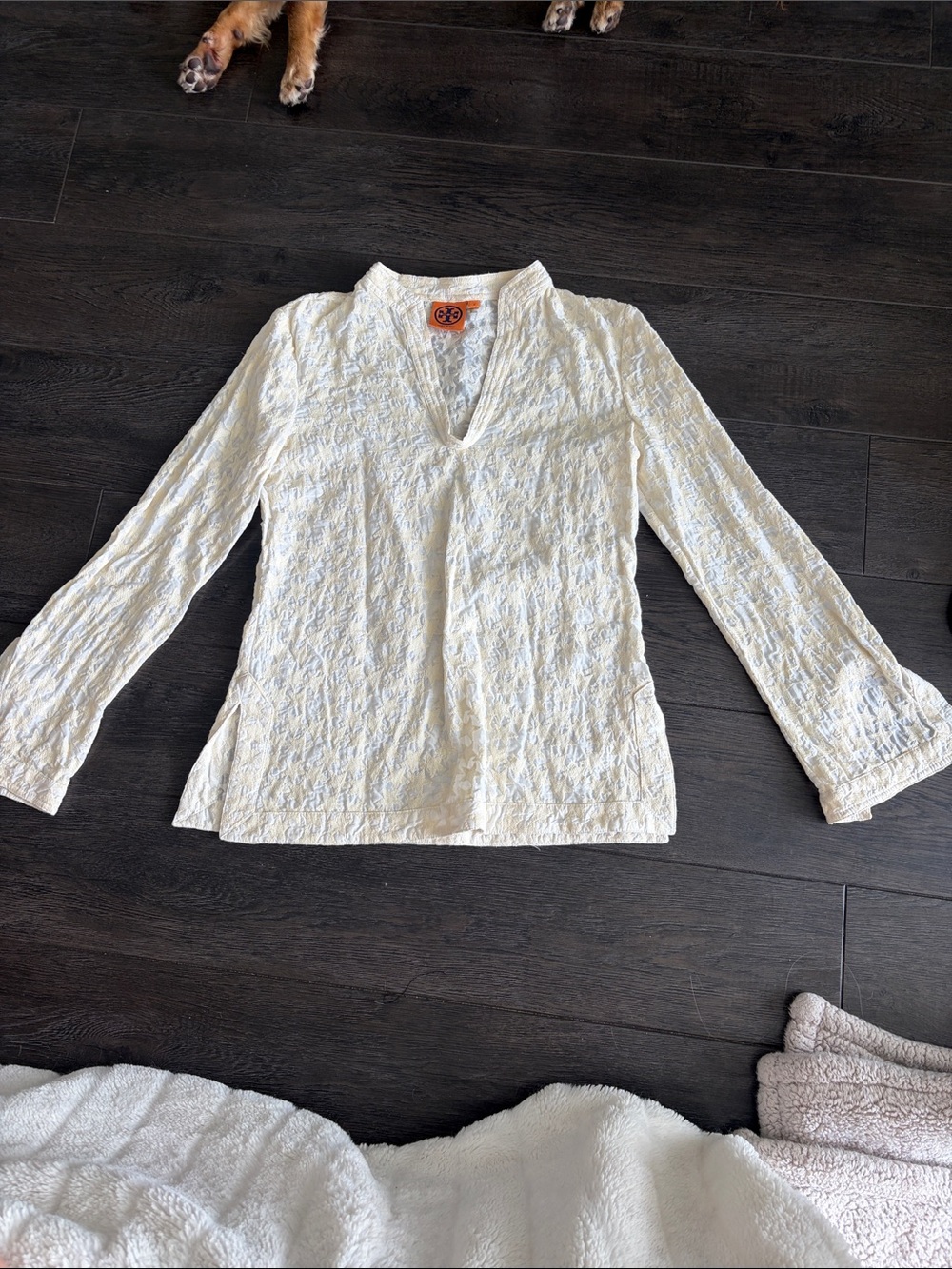 Tory Burch Ivory Textured V-Neck Long Sleeve Blouse